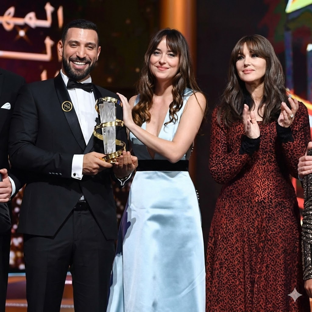 Nidhal Saadi recevant le prix du meilleur acteur au Festival de Marrakech avec Dakota Johnson et Monica Bellucci